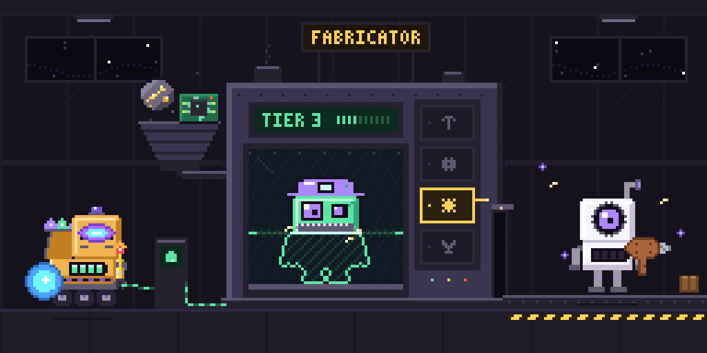 Pixel art of the Fabricator: a staked bot pays CELL down a cable, Ore and Circuits drop into a hopper, a new bot is printed line by line in the chamber while the profession deck deals a card, and a finished bot walks out with a starter drill.