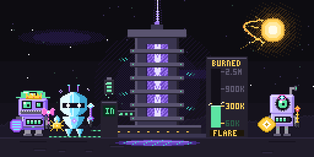Pixel art of the Reactor: two bots pay CELL into a terminal, the CELL runs down a pipe into the Reactor tower, the burn meter passes the 300K milestone and the sun flares overhead.