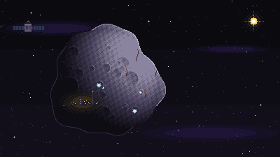 Pixel art of Kessler Rock from space: a cratered asteroid with a few lights on its night side and a Deepcore satellite drifting past.